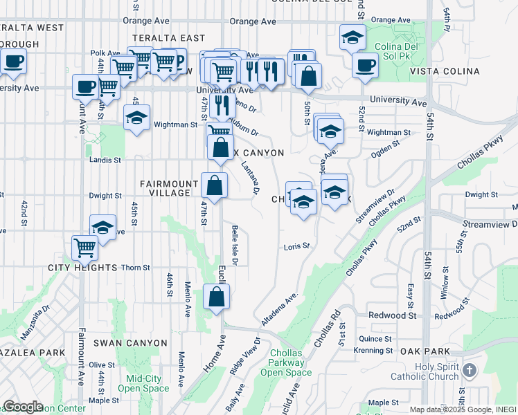 map of restaurants, bars, coffee shops, grocery stores, and more near 4950 Lantana Drive in San Diego