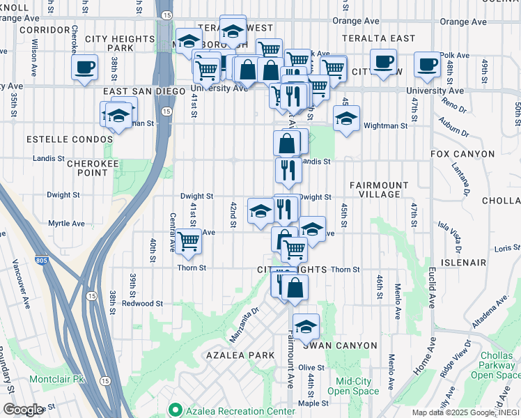 map of restaurants, bars, coffee shops, grocery stores, and more near 3570 Van Dyke Avenue in San Diego