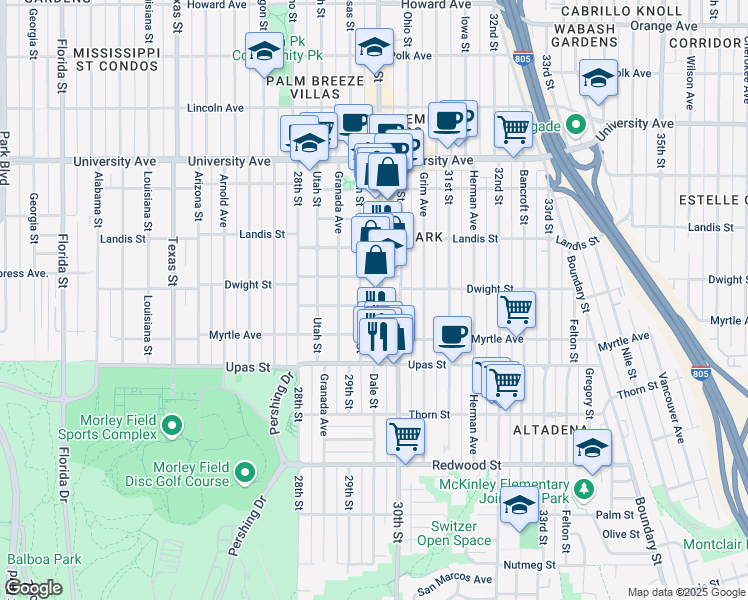 map of restaurants, bars, coffee shops, grocery stores, and more near 2938 Capps Street in San Diego