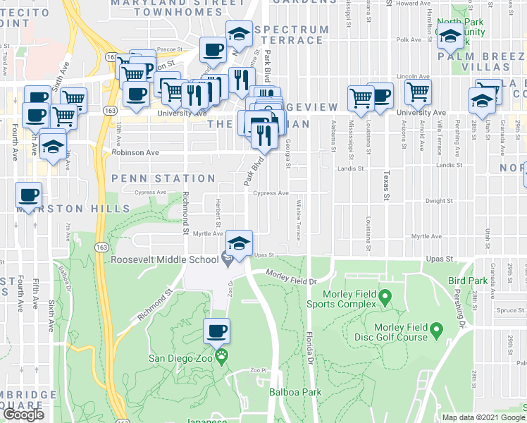 map of restaurants, bars, coffee shops, grocery stores, and more near 3611 Park Boulevard in San Diego