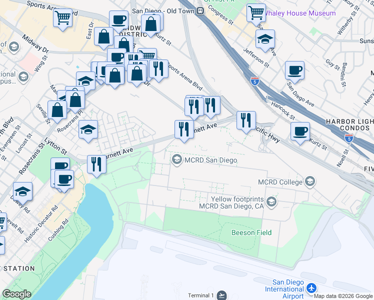 map of restaurants, bars, coffee shops, grocery stores, and more near in San Diego