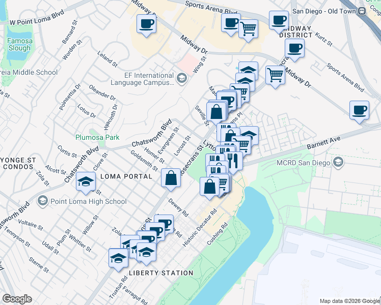 map of restaurants, bars, coffee shops, grocery stores, and more near 3003 Kingsley Street in San Diego