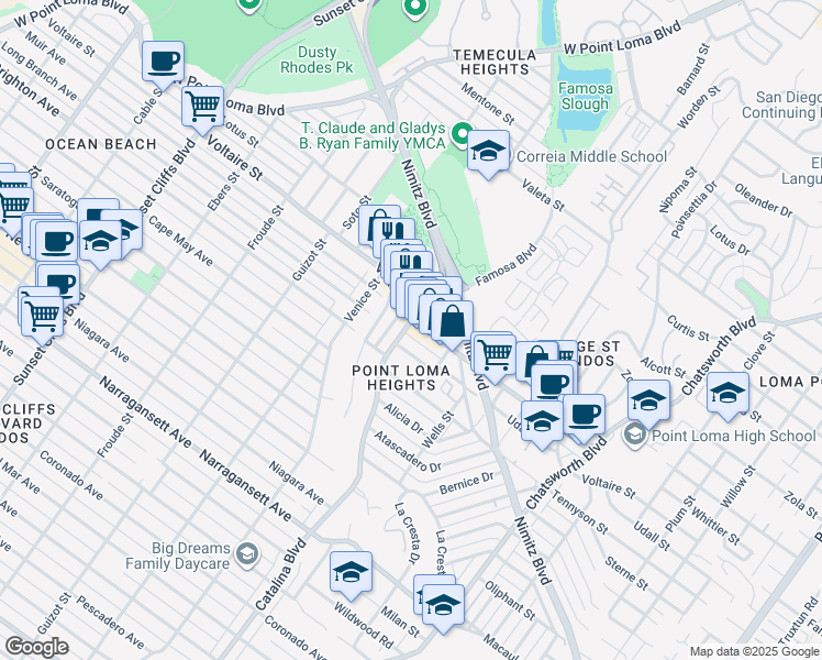 map of restaurants, bars, coffee shops, grocery stores, and more near 2154 Catalina Boulevard in San Diego