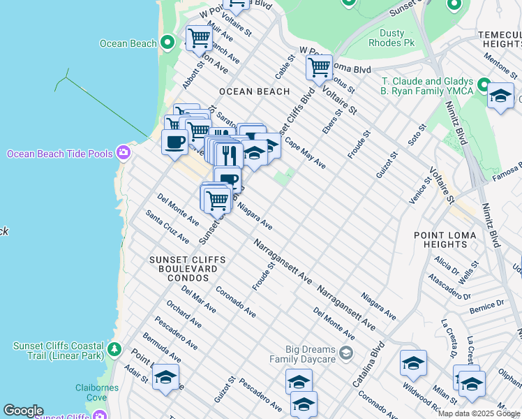map of restaurants, bars, coffee shops, grocery stores, and more near 1883 Ebers Street in San Diego