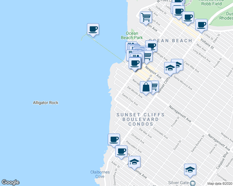 map of restaurants, bars, coffee shops, grocery stores, and more near 5039 Santa Cruz Avenue in San Diego