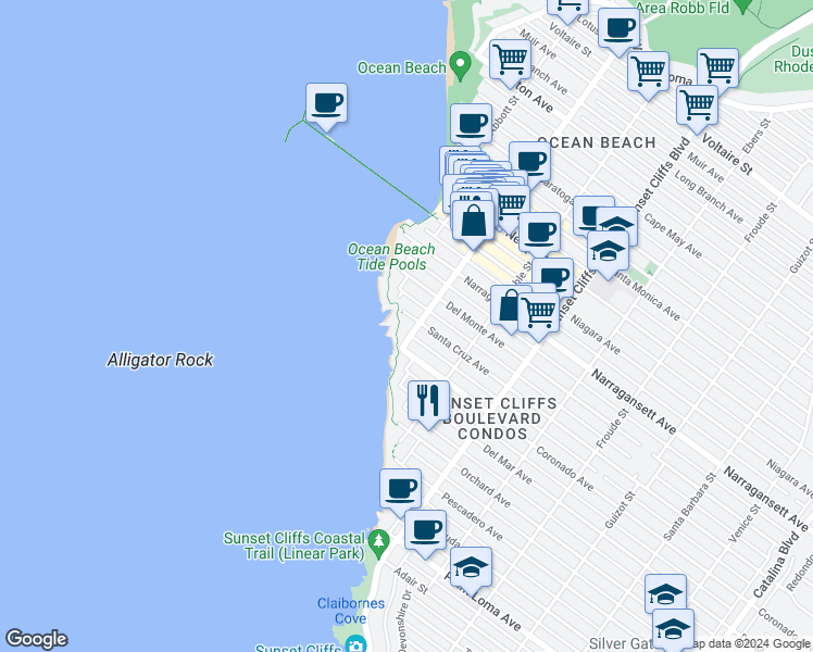 map of restaurants, bars, coffee shops, grocery stores, and more near 5039 Santa Cruz Avenue in San Diego