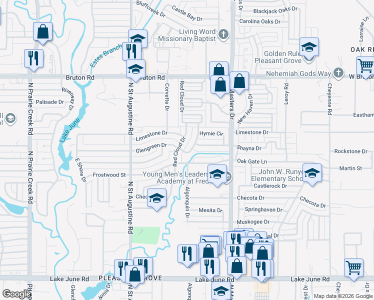 map of restaurants, bars, coffee shops, grocery stores, and more near 1830 Red Cloud Drive in Dallas