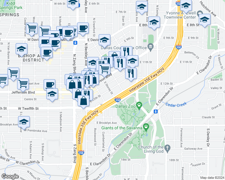 map of restaurants, bars, coffee shops, grocery stores, and more near 310 East 12th Street in Dallas
