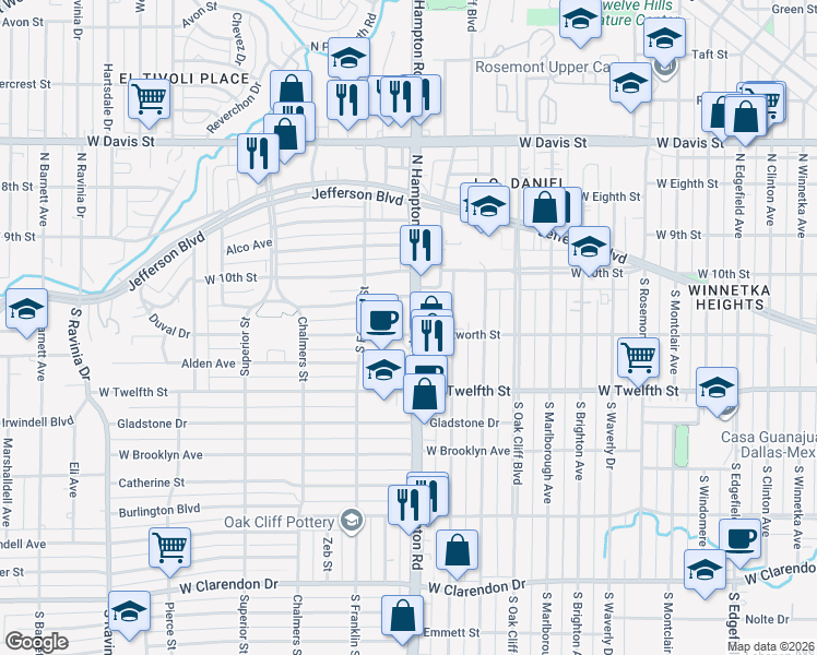 map of restaurants, bars, coffee shops, grocery stores, and more near 234 South Hampton Road in Dallas