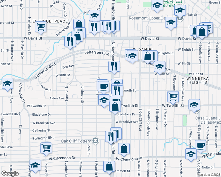 map of restaurants, bars, coffee shops, grocery stores, and more near 234 South Hampton Road in Dallas