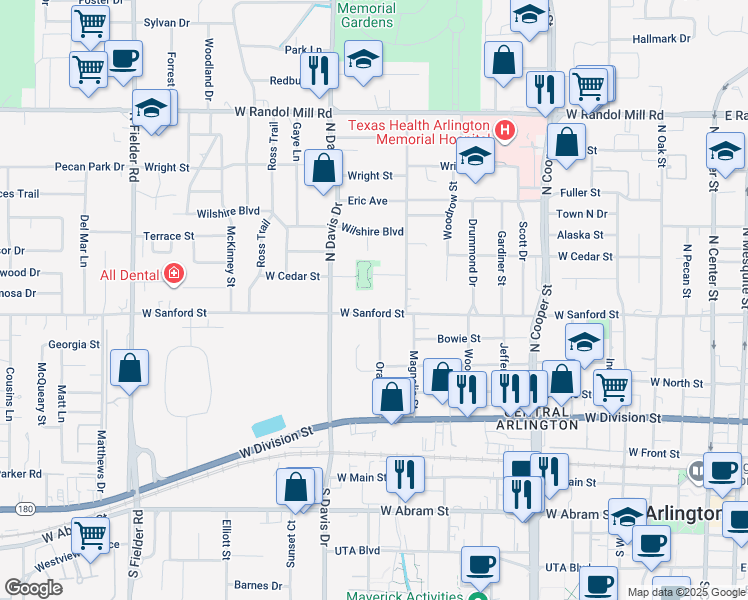 map of restaurants, bars, coffee shops, grocery stores, and more near 1105 West Sanford Street in Arlington