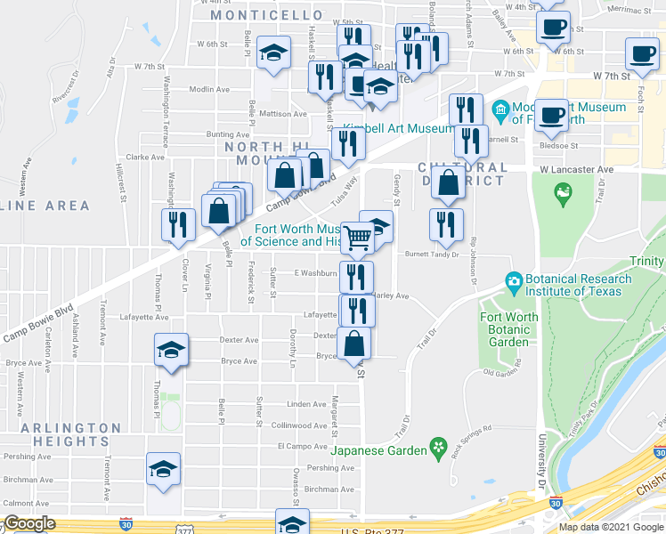 map of restaurants, bars, coffee shops, grocery stores, and more near 3612 East Washburn Avenue in Fort Worth