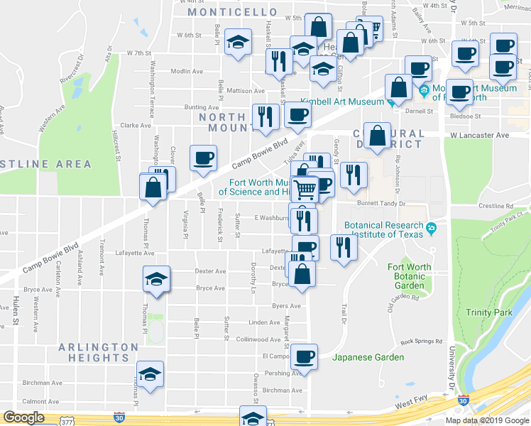 map of restaurants, bars, coffee shops, grocery stores, and more near 3700 Washburn Avenue in Fort Worth