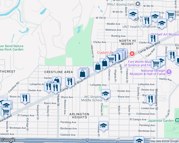map of restaurants, bars, coffee shops, grocery stores, and more near 1608 Hillcrest Street in Fort Worth