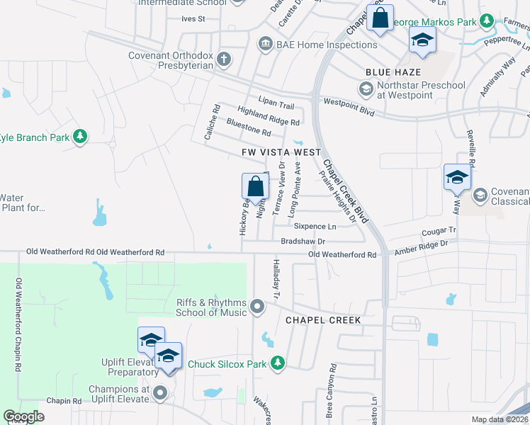 map of restaurants, bars, coffee shops, grocery stores, and more near 1144 Terrace View Drive in Fort Worth