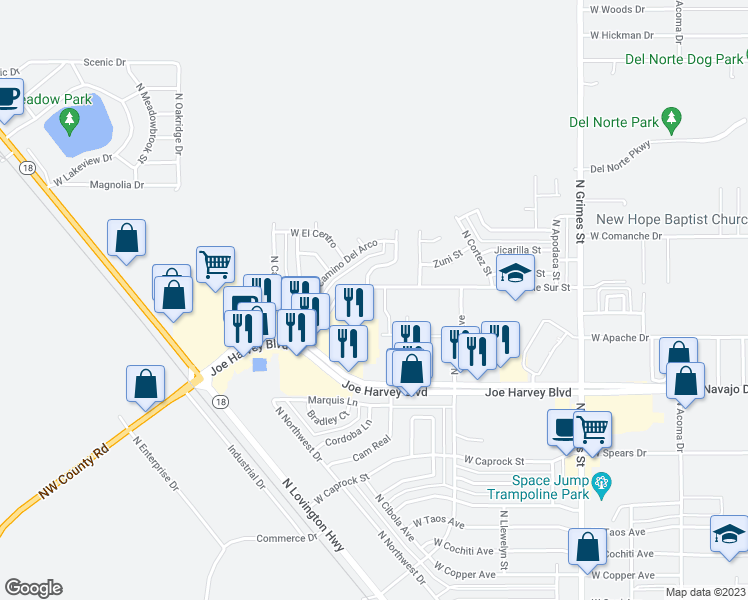 map of restaurants, bars, coffee shops, grocery stores, and more near 1503 West Calle Sur Street in Hobbs