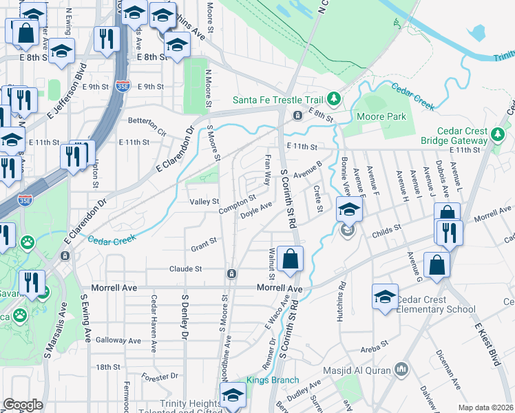 map of restaurants, bars, coffee shops, grocery stores, and more near 1515 Doyle Avenue in Dallas