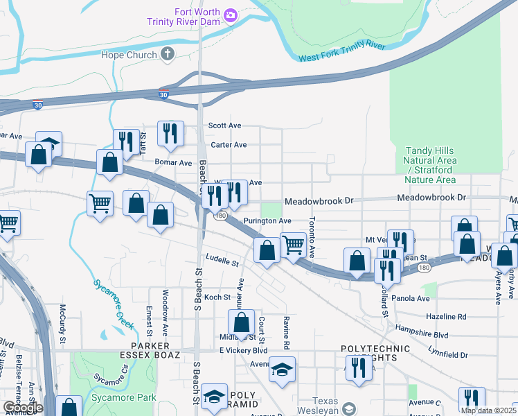 map of restaurants, bars, coffee shops, grocery stores, and more near 2516 Harwood Street in Fort Worth
