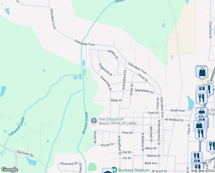map of restaurants, bars, coffee shops, grocery stores, and more near 1503 Greenway Street in Gilmer