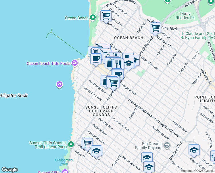 map of restaurants, bars, coffee shops, grocery stores, and more near 4873 Narragansett Avenue in San Diego