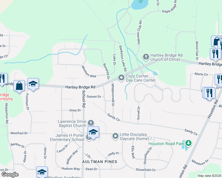map of restaurants, bars, coffee shops, grocery stores, and more near 5624 Whippoorwill Drive in Macon