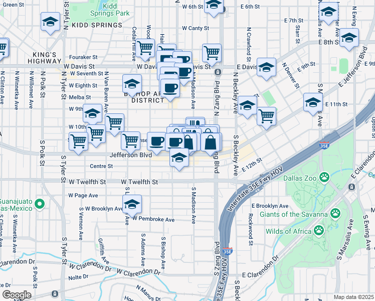 map of restaurants, bars, coffee shops, grocery stores, and more near 333 Jefferson Boulevard in Dallas