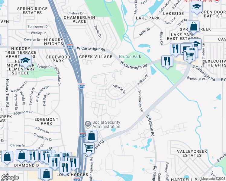 map of restaurants, bars, coffee shops, grocery stores, and more near 1706 Hillcrest Court in Balch Springs