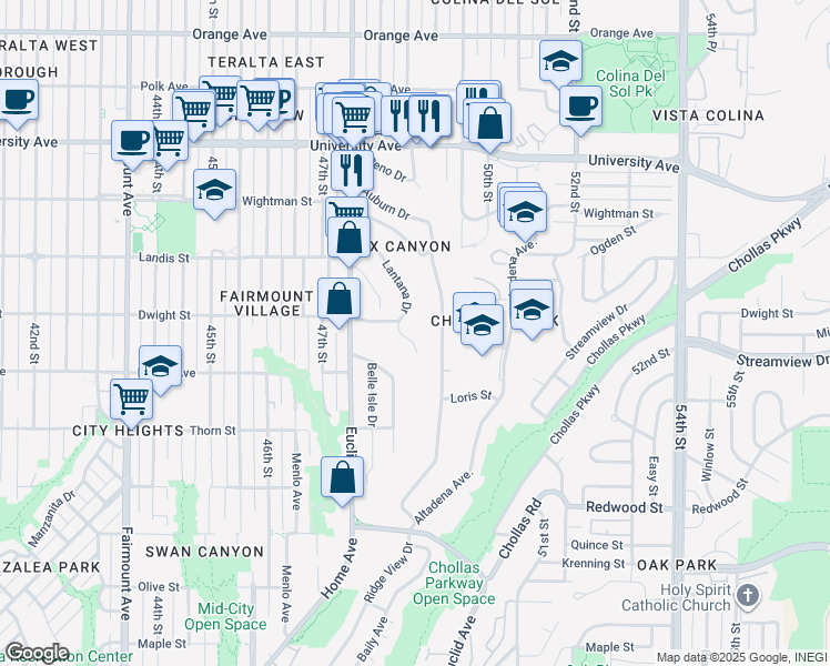 map of restaurants, bars, coffee shops, grocery stores, and more near 4950 Lantana Drive in San Diego