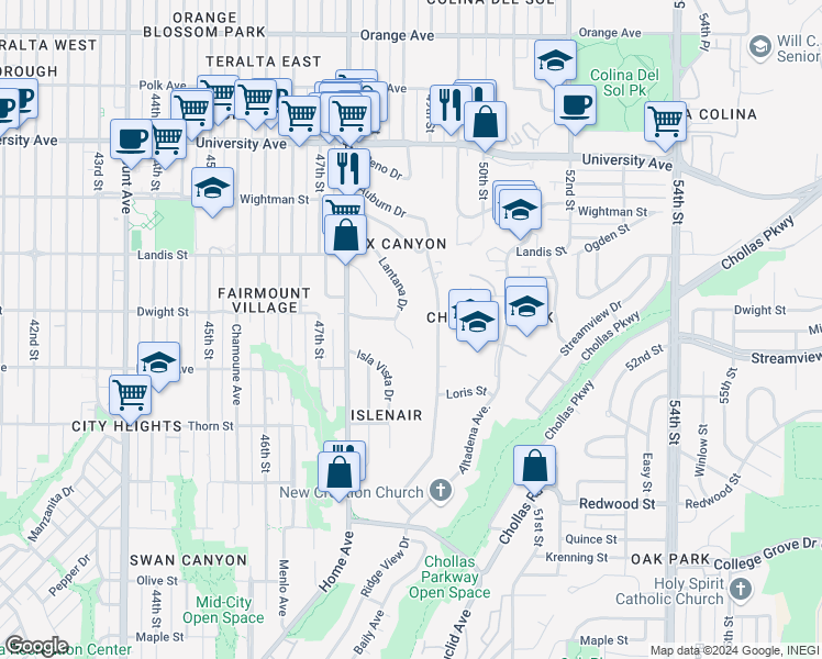map of restaurants, bars, coffee shops, grocery stores, and more near in San Diego