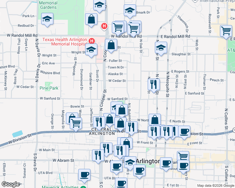 map of restaurants, bars, coffee shops, grocery stores, and more near 501 West Sanford Street in Arlington