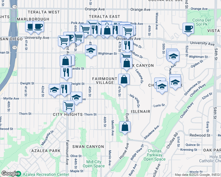 map of restaurants, bars, coffee shops, grocery stores, and more near 3568 Menlo Avenue in San Diego