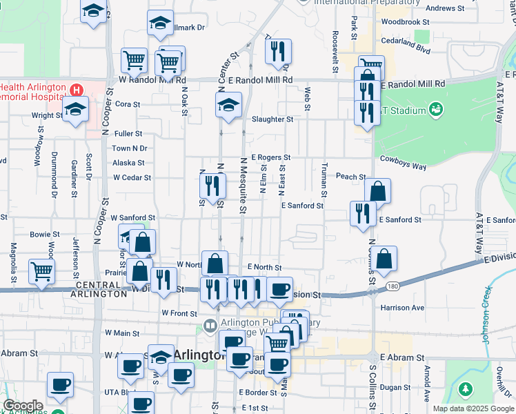 map of restaurants, bars, coffee shops, grocery stores, and more near 506 North Elm Street in Arlington