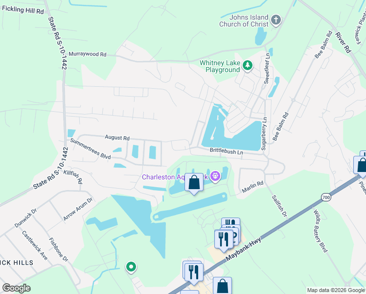 map of restaurants, bars, coffee shops, grocery stores, and more near 2719 August Road in Johns Island