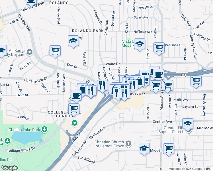 map of restaurants, bars, coffee shops, grocery stores, and more near 3629 Nassau Drive in San Diego