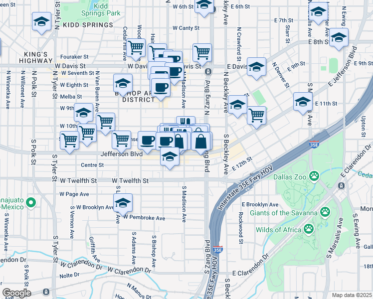map of restaurants, bars, coffee shops, grocery stores, and more near 333 Jefferson Boulevard in Dallas