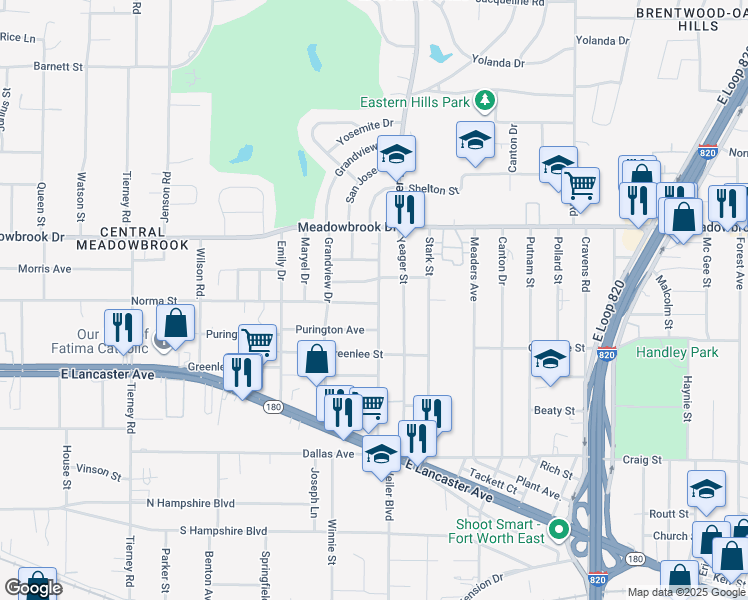 map of restaurants, bars, coffee shops, grocery stores, and more near 2504 Weiler Boulevard in Fort Worth