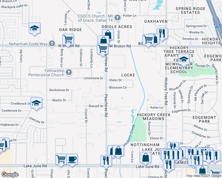 map of restaurants, bars, coffee shops, grocery stores, and more near 11400 Blossom Circle in Balch Springs