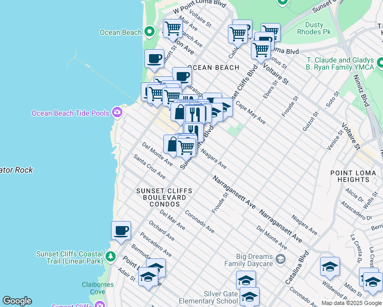 map of restaurants, bars, coffee shops, grocery stores, and more near 1822 Sunset Cliffs Boulevard in San Diego