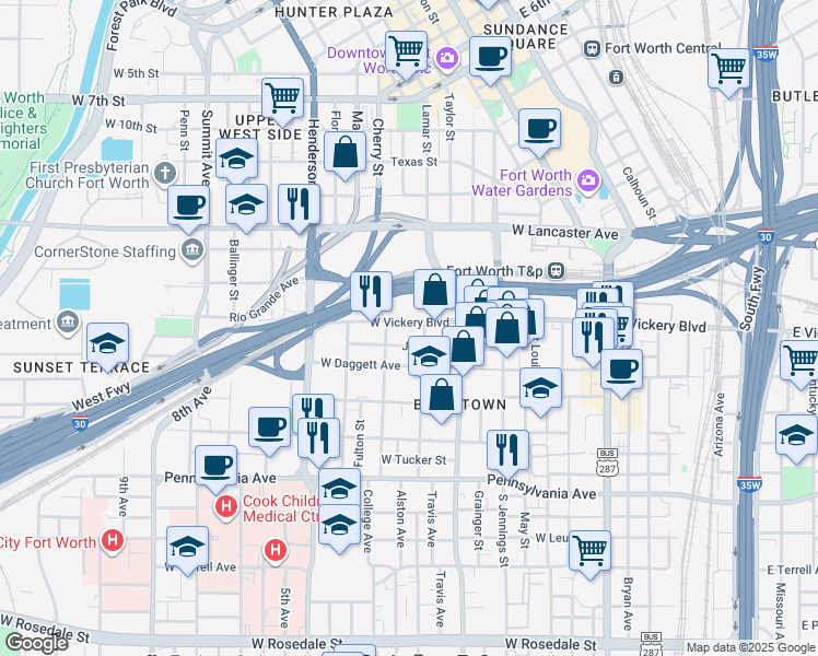 map of restaurants, bars, coffee shops, grocery stores, and more near 809 West Vickery Boulevard in Fort Worth
