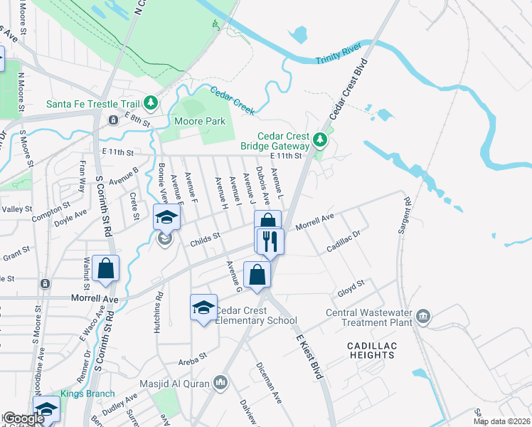 map of restaurants, bars, coffee shops, grocery stores, and more near 523 Dubois Avenue in Dallas