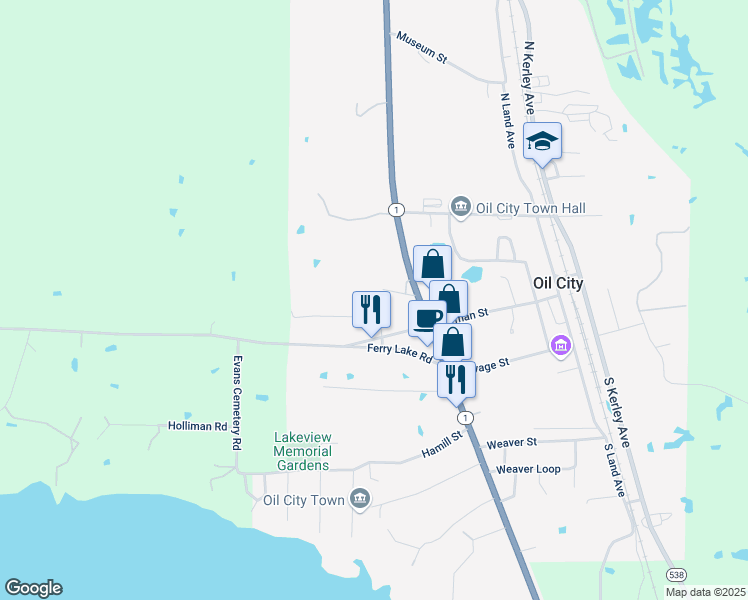 map of restaurants, bars, coffee shops, grocery stores, and more near 299 Greer St in Oil City