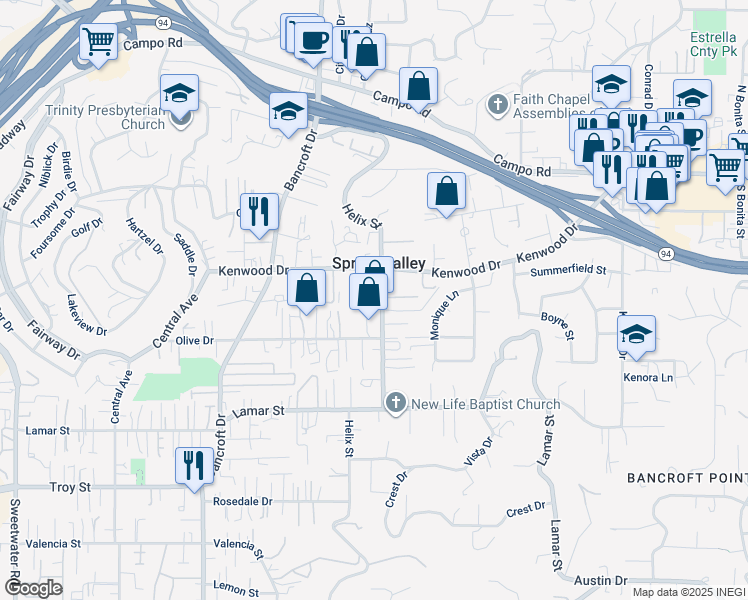 map of restaurants, bars, coffee shops, grocery stores, and more near 3423 Helix Street in Spring Valley