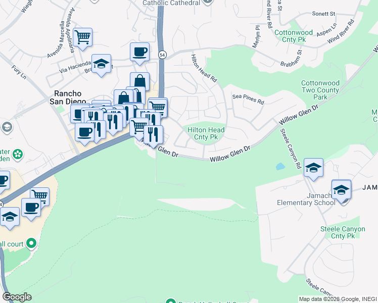 map of restaurants, bars, coffee shops, grocery stores, and more near 2564 Royal Saint James Drive in El Cajon