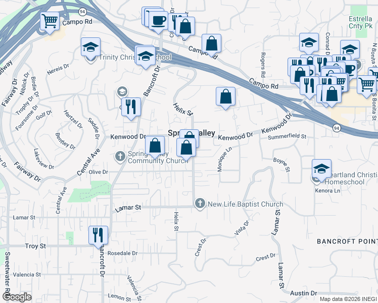 map of restaurants, bars, coffee shops, grocery stores, and more near 3423 Helix Street in Spring Valley