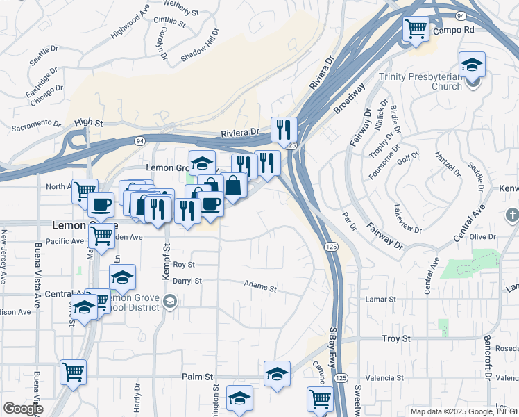 map of restaurants, bars, coffee shops, grocery stores, and more near 3443 Golden View Terrace in Lemon Grove