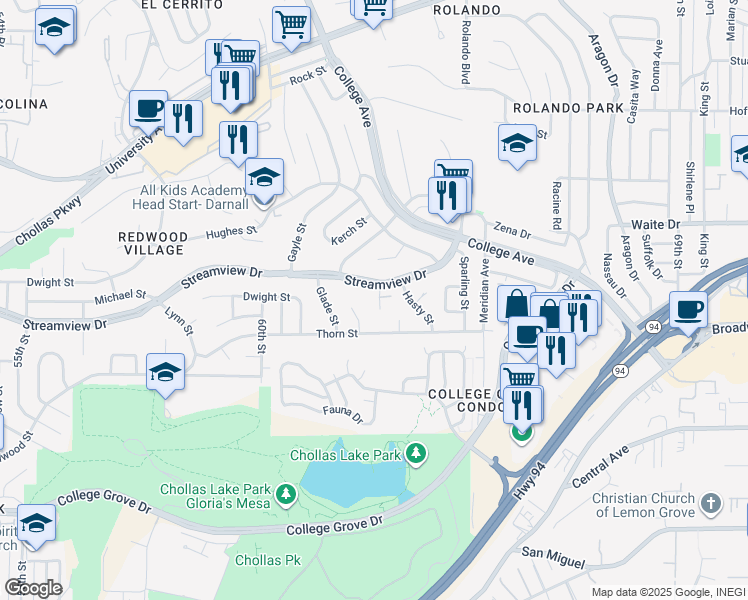 map of restaurants, bars, coffee shops, grocery stores, and more near 3440 Egan Street in San Diego