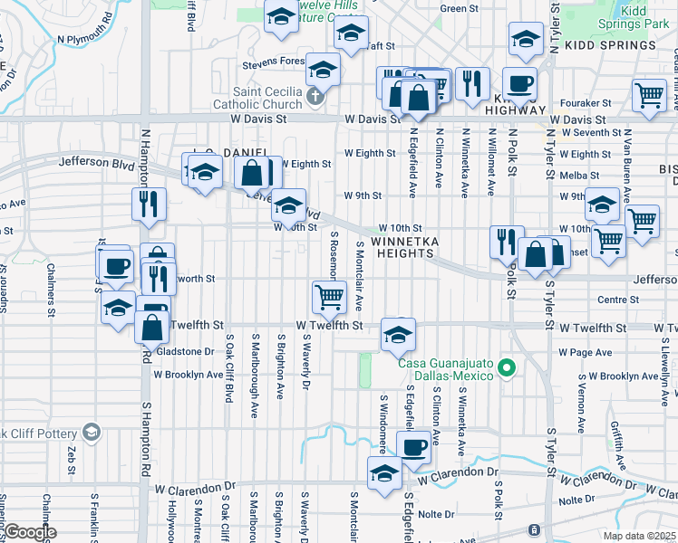 map of restaurants, bars, coffee shops, grocery stores, and more near 218 South Rosemont Avenue in Dallas