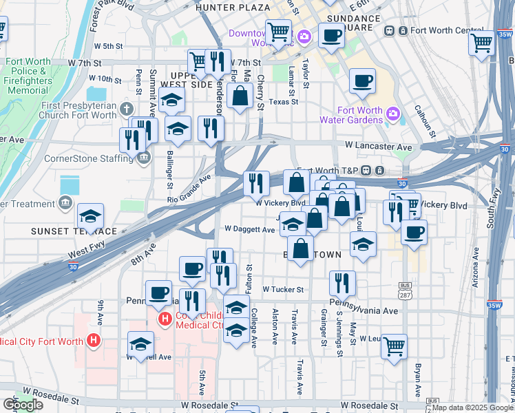 map of restaurants, bars, coffee shops, grocery stores, and more near 941 West Vickery Boulevard in Fort Worth