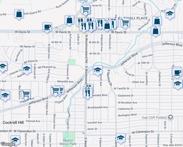 map of restaurants, bars, coffee shops, grocery stores, and more near 3143 Ouida Avenue in Dallas