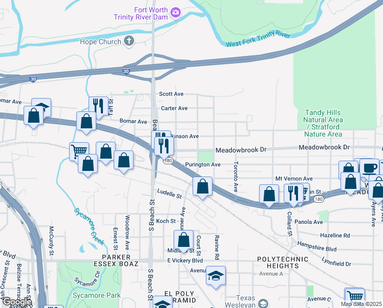 map of restaurants, bars, coffee shops, grocery stores, and more near 2516 Harwood Street in Fort Worth